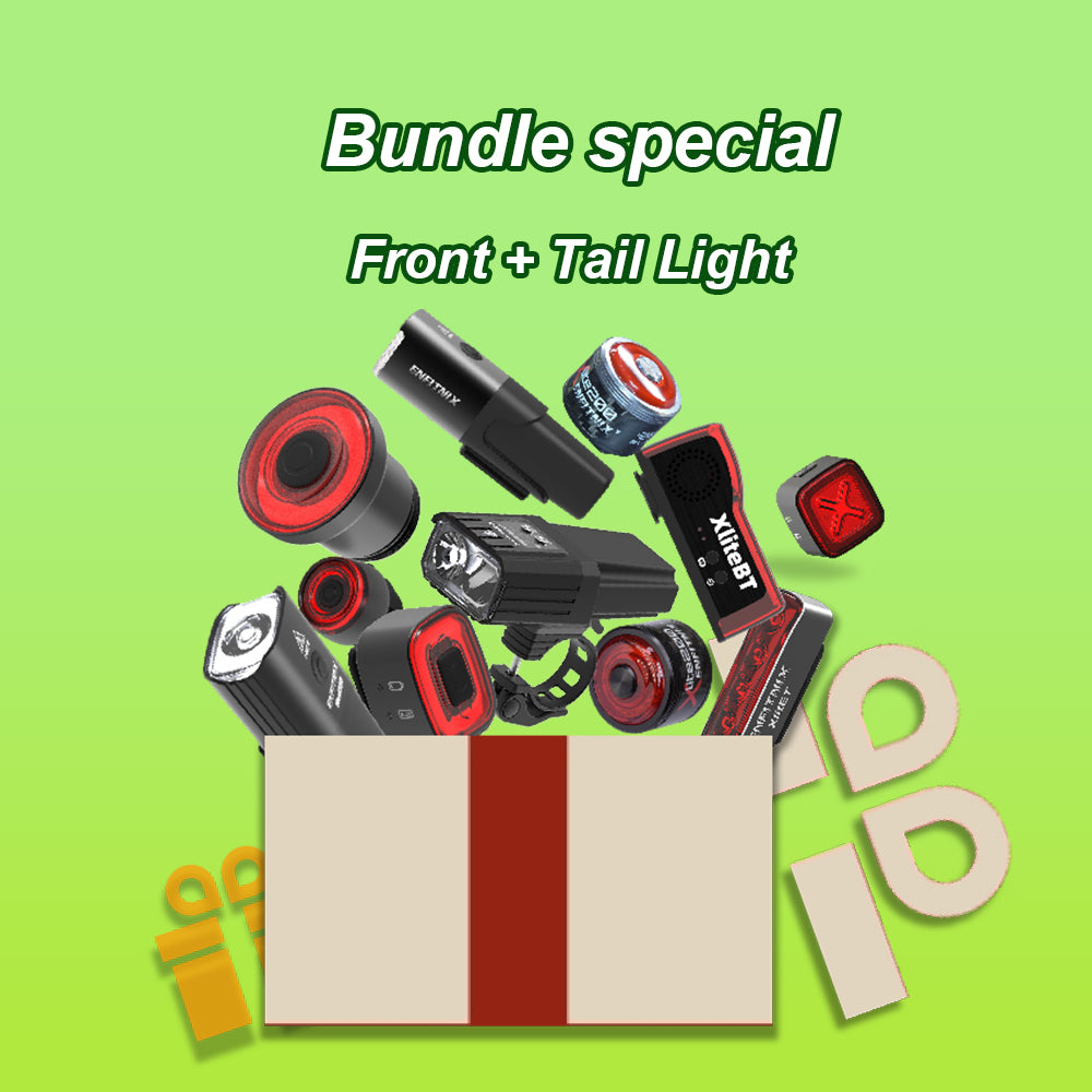 A collection of various front and tail lights from the brand Enfitnix, displayed in a box with a 'Bundle special Front + Tail Light' text on top.