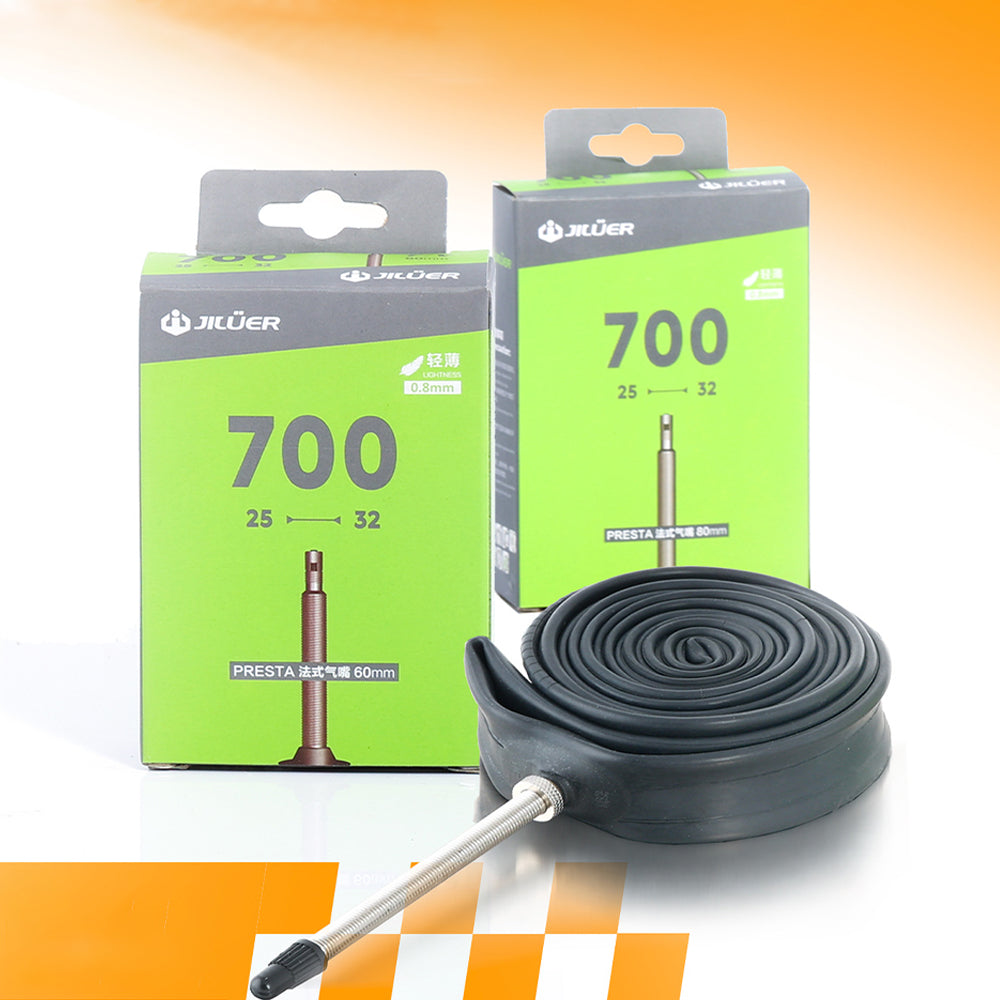 JILUER bicycle inner tube packaging with black tube on a gradient background