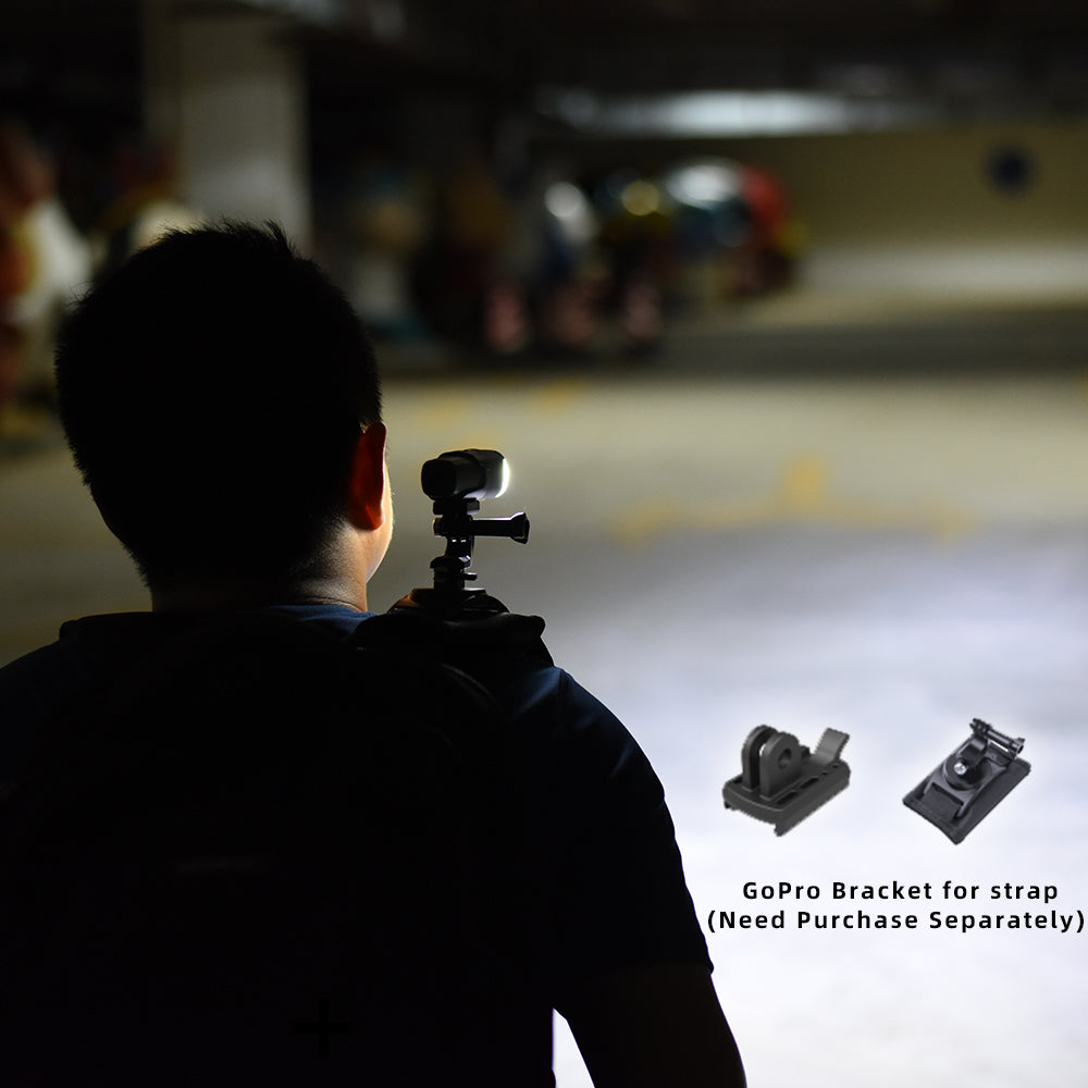 Person holding a camera with a GoPro bracket attached, blurred background
