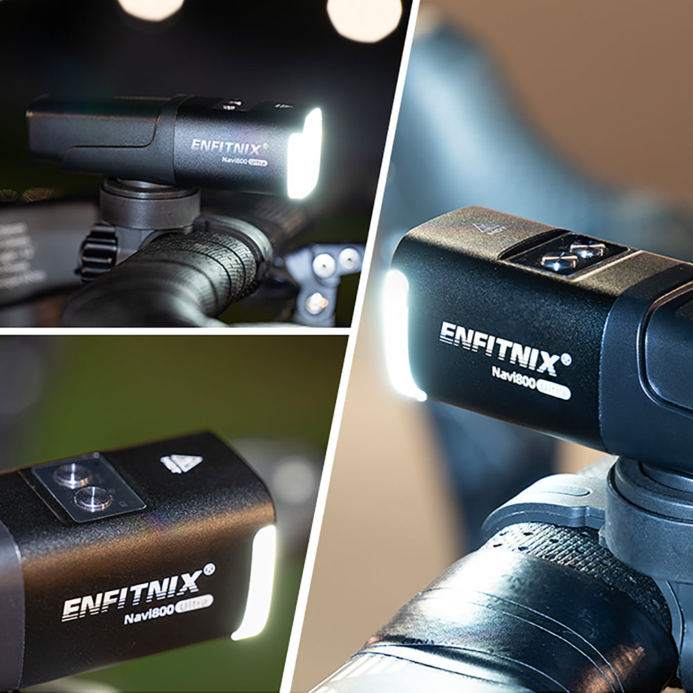 ENFITNIX camera light attached to a camera, with close-up shots of the light on a blurred background.