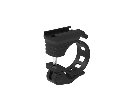 A black bicycle light bracket on a white background