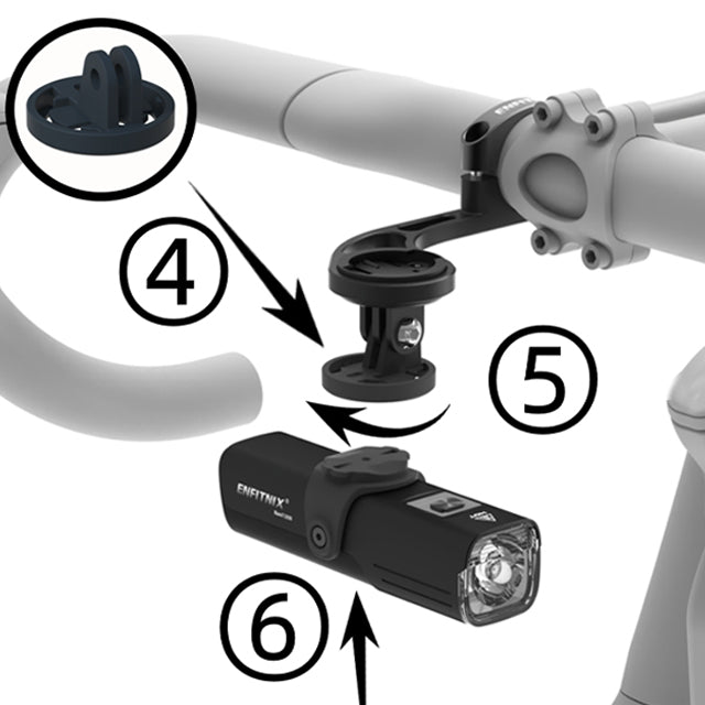 Bicycle handlebar with light attachment and mounting instructions on a white background