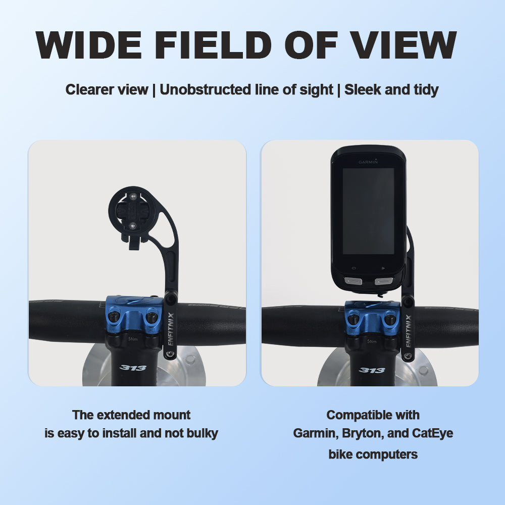 Bike computer mount with text highlighting features on a light blue background