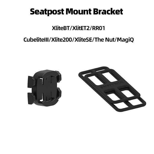 Black seatpost mount bracket on a white background with text indicating compatibility.