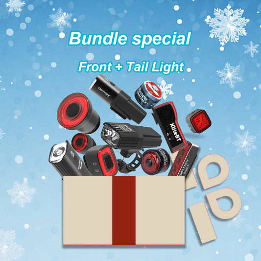 Collection of front and tail lights with a 'Bundle special' text on a blue background with snowflakes.