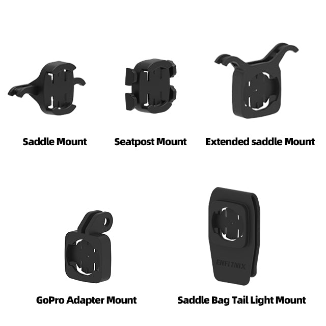 Set of five black bike mount accessories on a white background