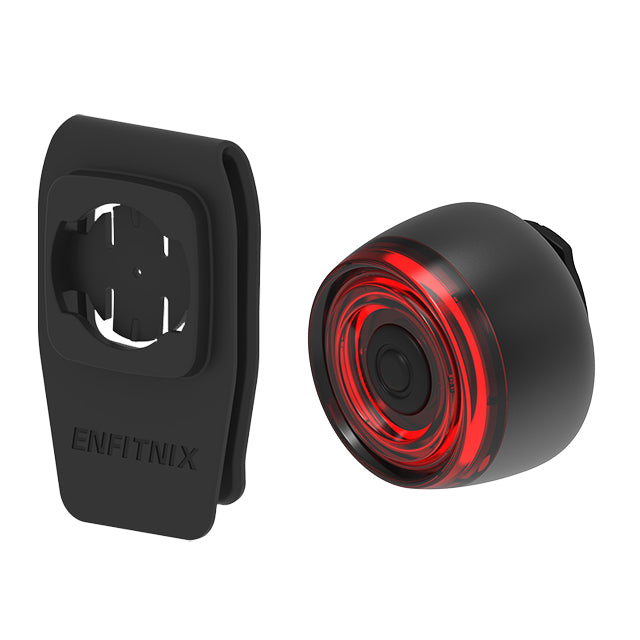 Black bike light with red lens and mounting clip on a white background, branded 'ENFITNIX'.