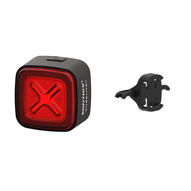 Black and red bike tail light with a mounting bracket on a white background