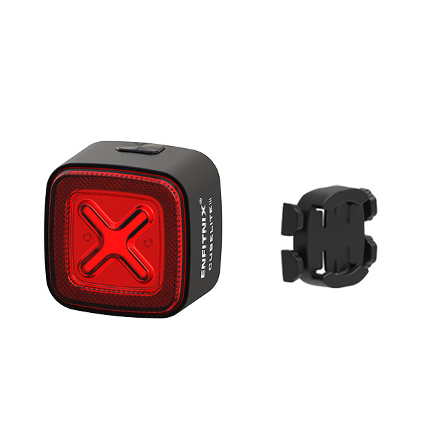 Red bike tail light with black mounting bracket on a white background