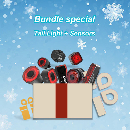 Box of tail lights and sensors with snowflake and gift box decorations on a blue background