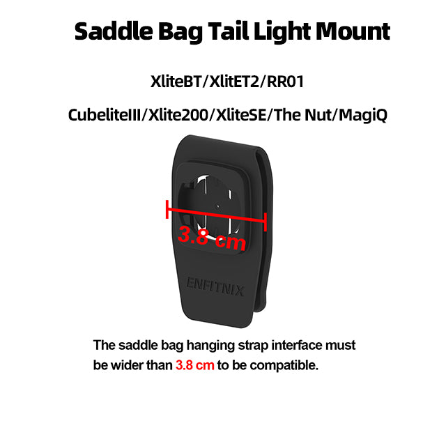 Saddle bag tail light mount with compatibility information on a white background