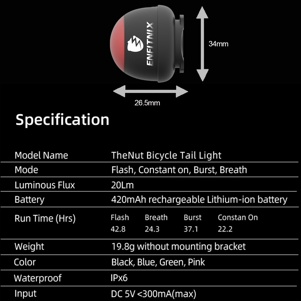 Bicycle tail light with Enfitnix branding and specifications on a black background