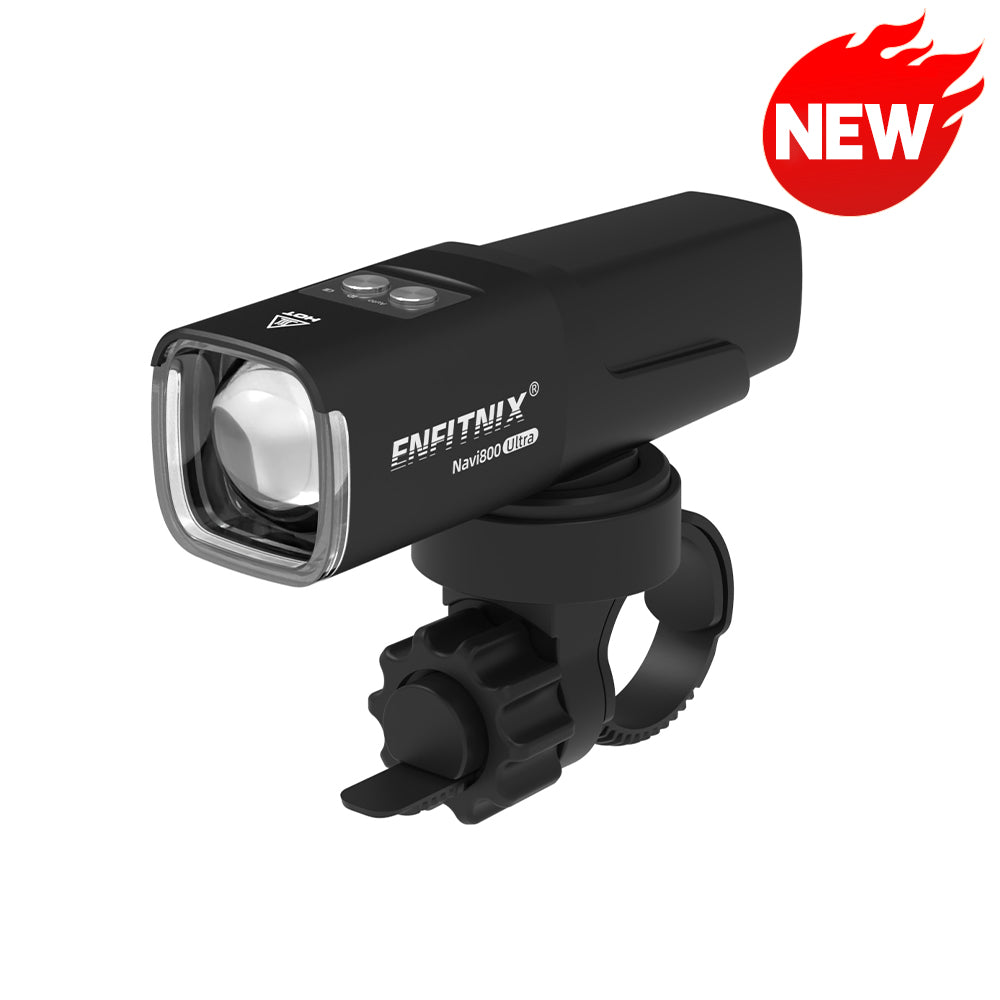 Black bike light with 'NEW' label on a white background