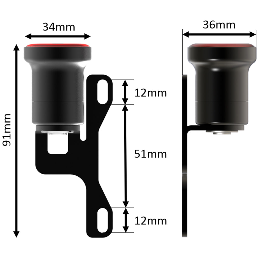 Measurement chart of a black metal bracket with two red circular components on a white background.
