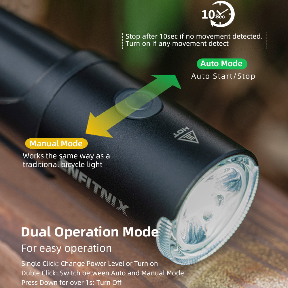Black bicycle light with dual operation mode features on a wooden surface
