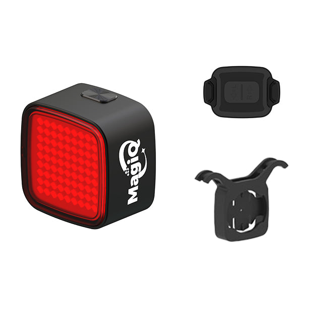 Red bike light with mounting bracket on a white background