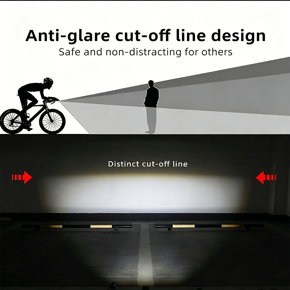 Illustration of a bike light with an anti-glare cut-off line design, showing safe and non-distracting illumination.