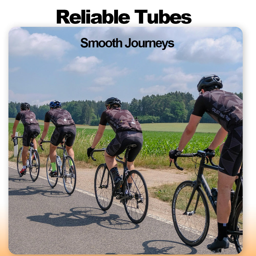 Four cyclists on a road with 'Reliable Tubes Smooth Journeys' text overlay.