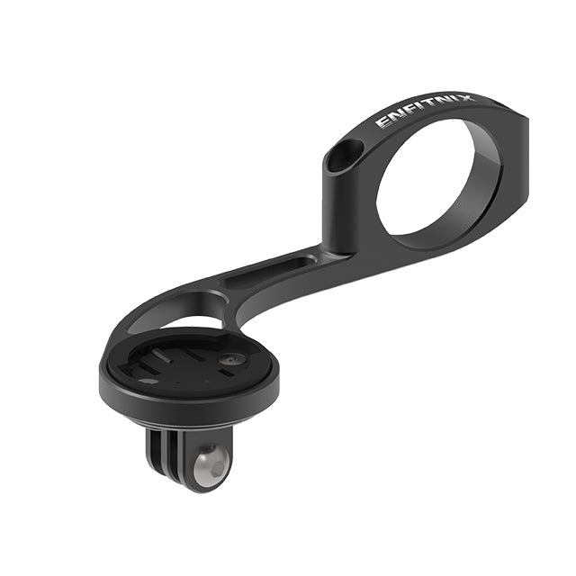 Black metal mounting bracket with attached components on a white background