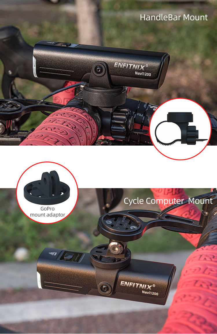 The Navi1200 bicycle headlights can be mounted using handlebar mount or cycle computer mount, and the accessories include a Go Pro adapter.