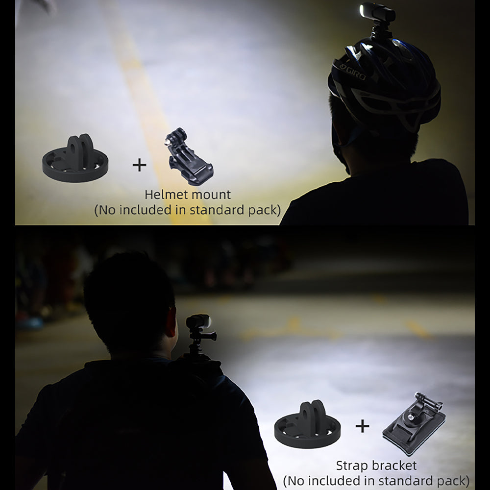 Person wearing a helmet with a camera mount, showing helmet mount and strap bracket separately.