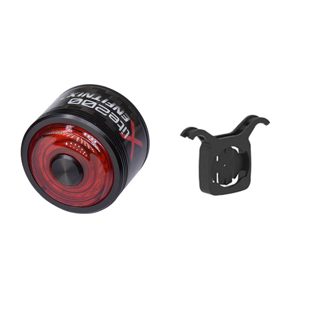 Bicycle tail light with mounting bracket on a white background