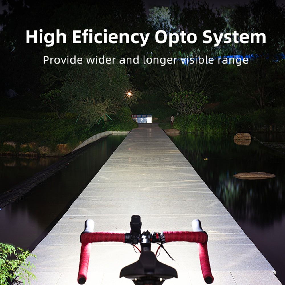 Bicycle on a wooden dock at night with 'High Efficiency Opto System' text
