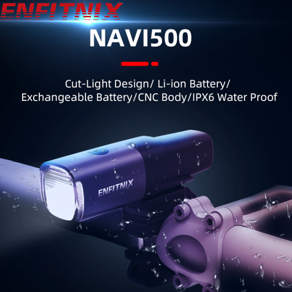 ENFITNIX NAVI500 bike light with features listed on a dark background