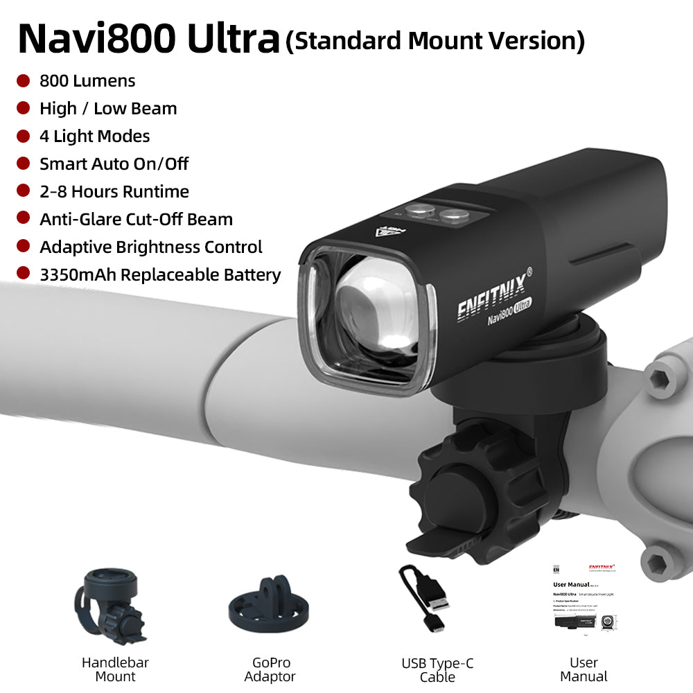 Navi800 Ultra bicycle light with features listed on a white background
