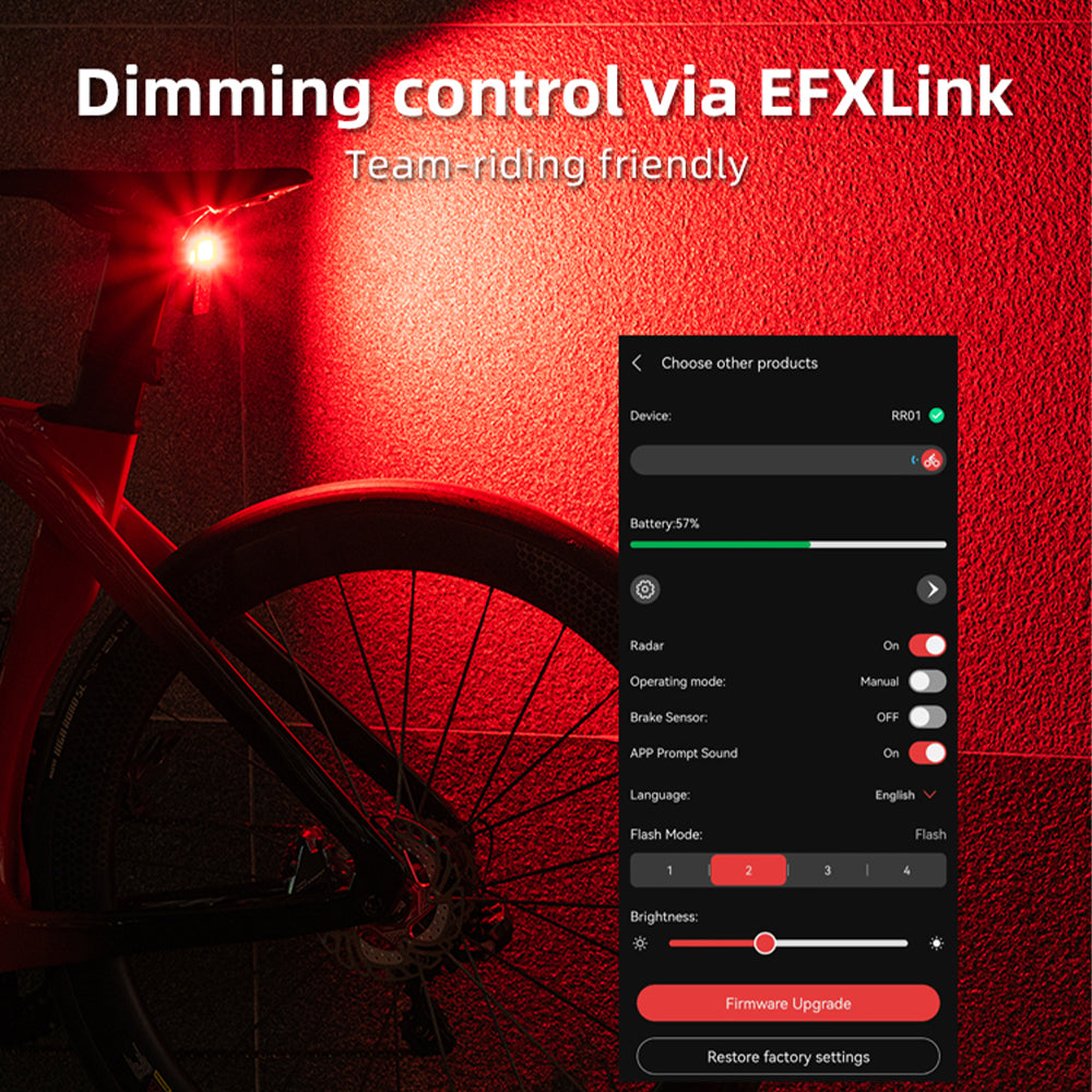 Bicycle tail light with EFXLink control interface on a red background