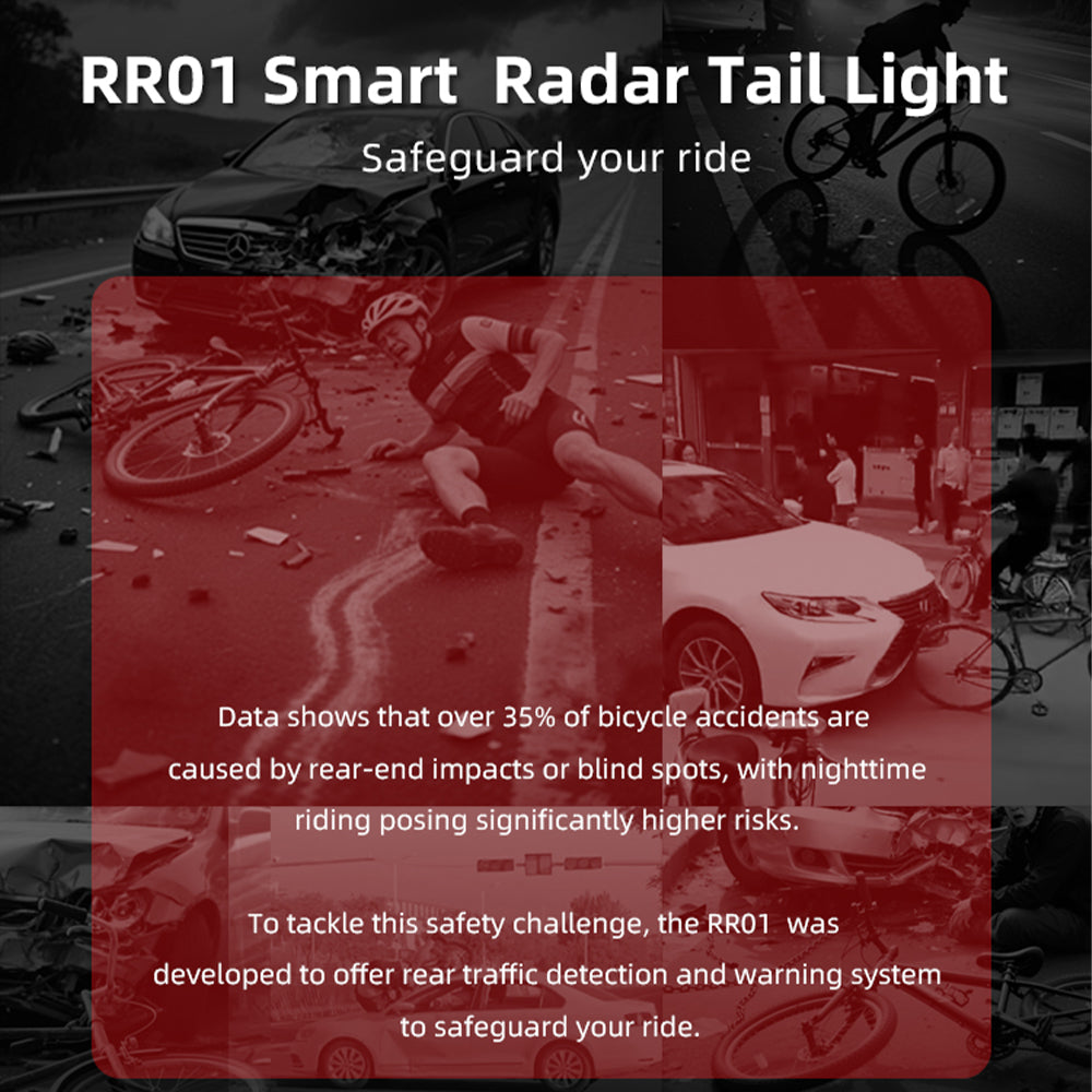 Advertisement for RR01 Smart Radar Tail Light with accident statistics and safety benefits.