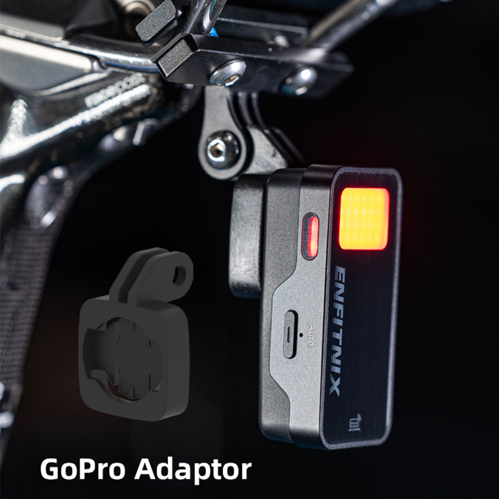 A radar bicycle tail light securely mounted under the bike saddle using a GoPro-style adapter, providing a clean and aerodynamic rear light setup for safer cycling.