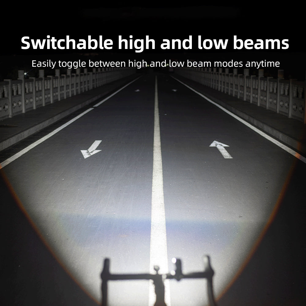 Car headlights illuminating a road with text about switchable high and low beams.