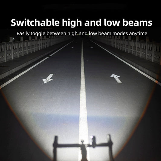 Car headlights illuminating a road with text about switchable high and low beams.