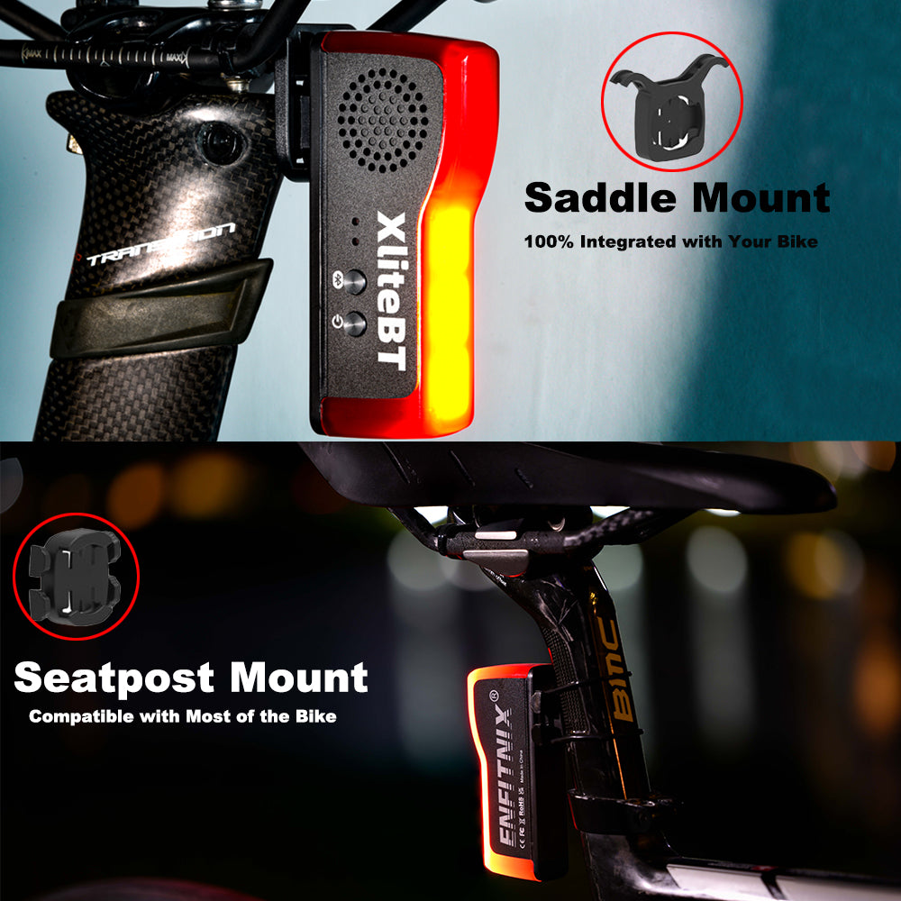 Bicycle light with saddle mount and seatpost mount options on a blurred background