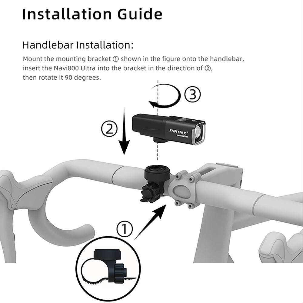 Installation guide for a bike light on a handlebar with text instructions.