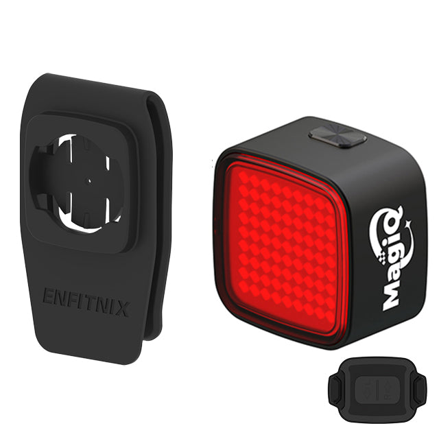 Black and red LED bike light with ENFITNIX and MEGIR branding on a white background