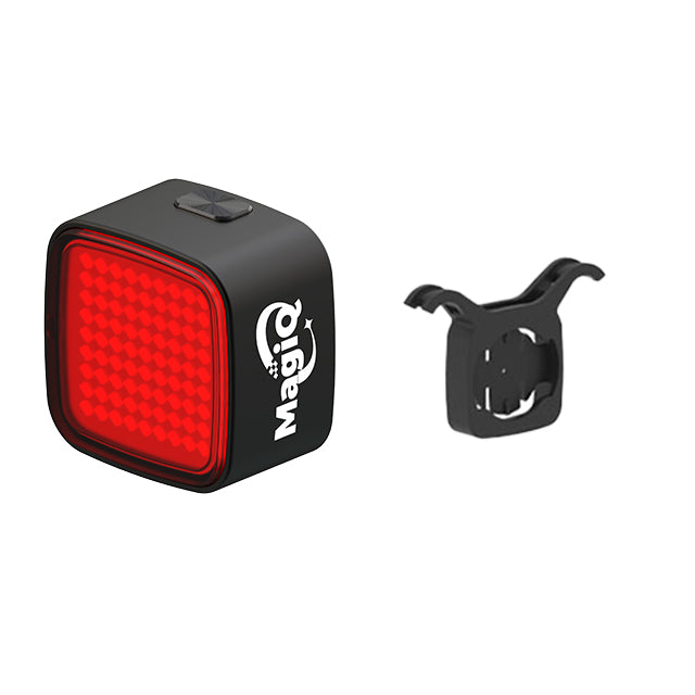 Red bike tail light with black mounting bracket on a white background