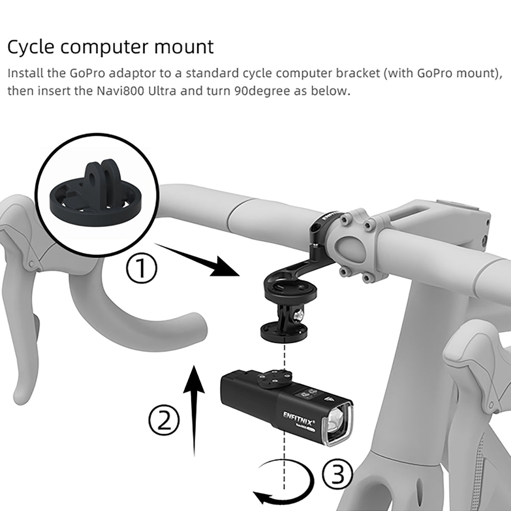 Diagram showing how to install a GoPro adapter on a bicycle handlebar with Navi800 Ultra device.