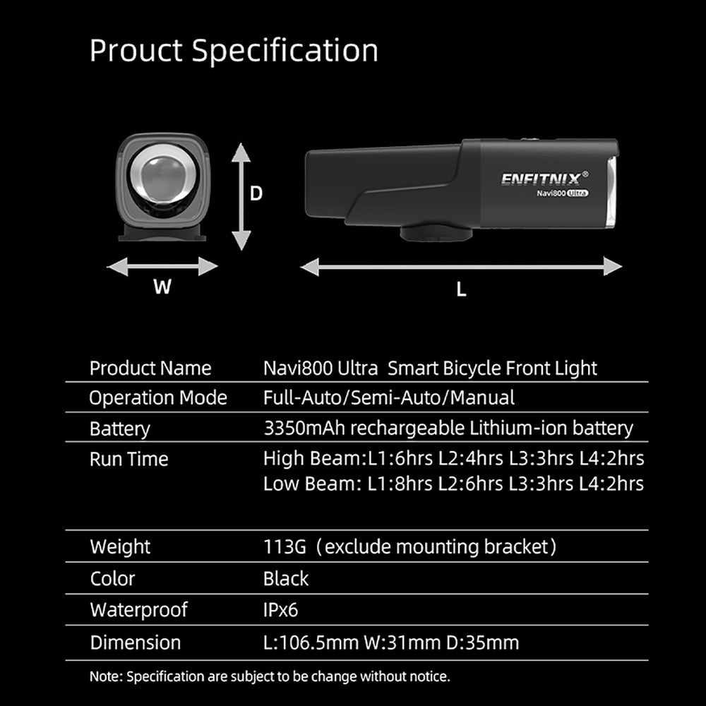 Product specification chart for Enfitnix Navi800 Ultra Smart Bicycle Front Light on a black background.