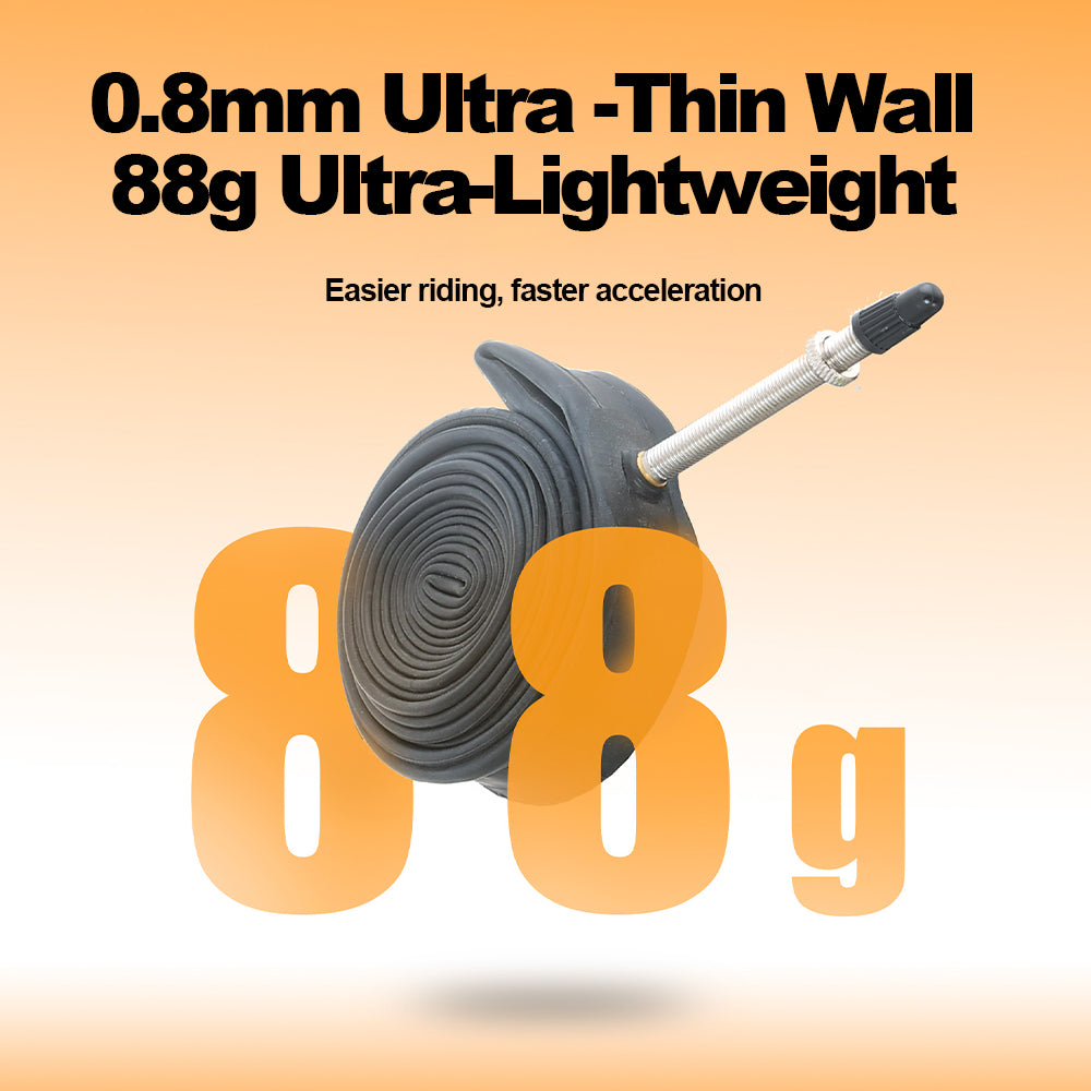 Bicycle tube with text highlighting ultra-thin wall and ultra-lightweight features on an orange background.