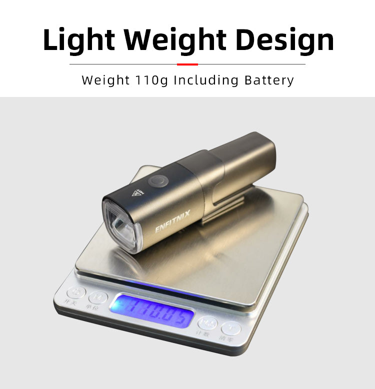 The bicycle headlight weighs 110g and is very lightweight
