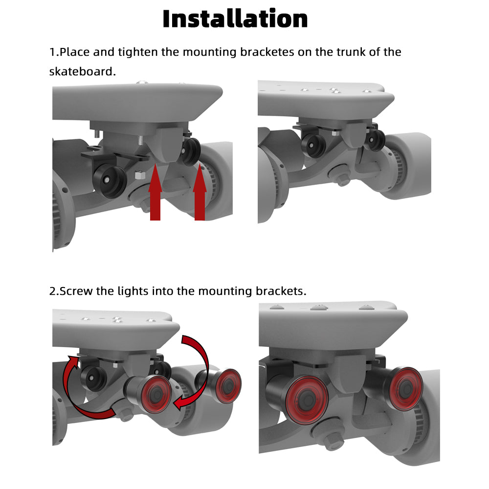Step-by-step installation guide for mounting brackets on a skateboard with text instructions.