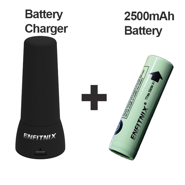Black battery charger and green battery with 'ENFITNIX' branding on a white background