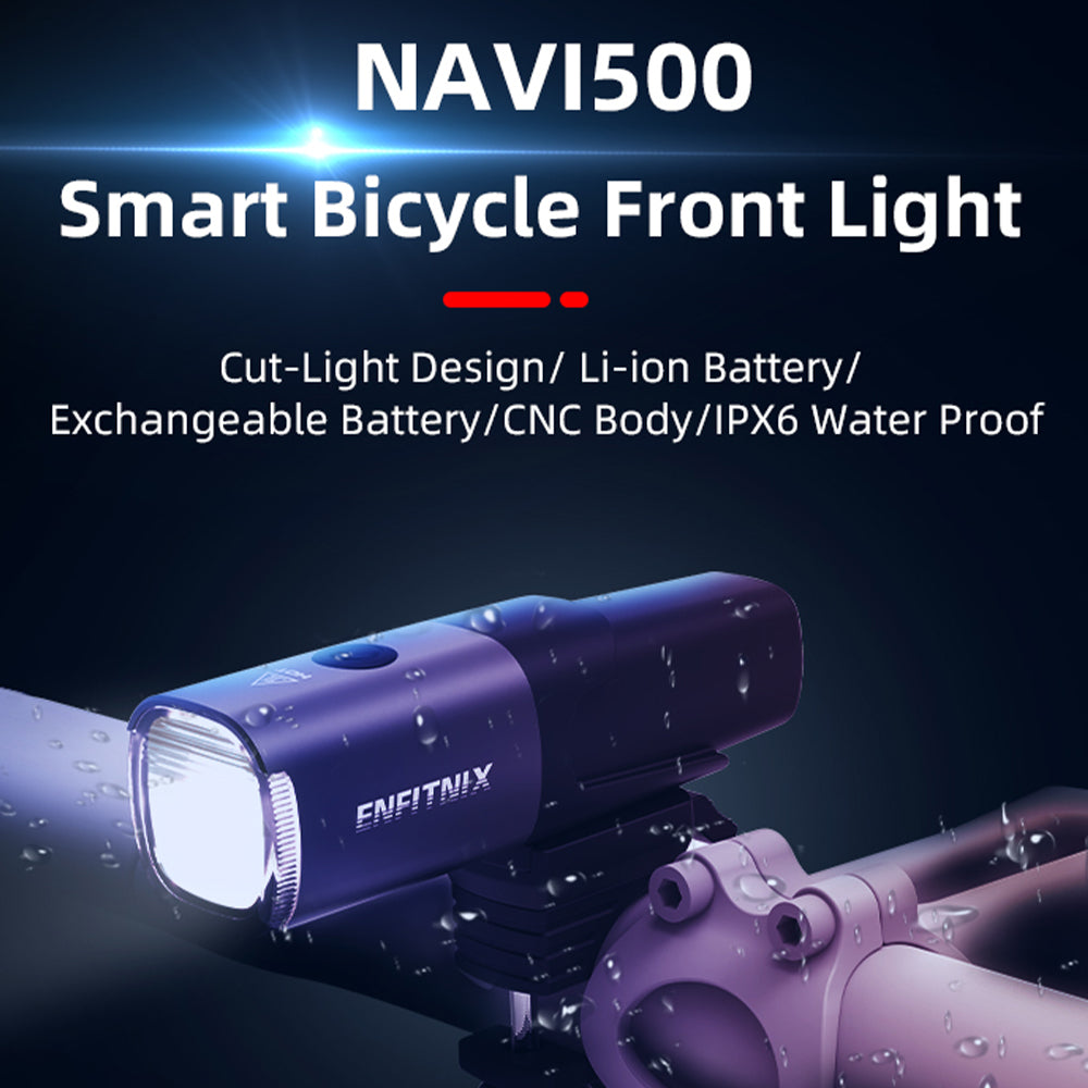 Smart bicycle front light with ENFITNIX branding on a dark background