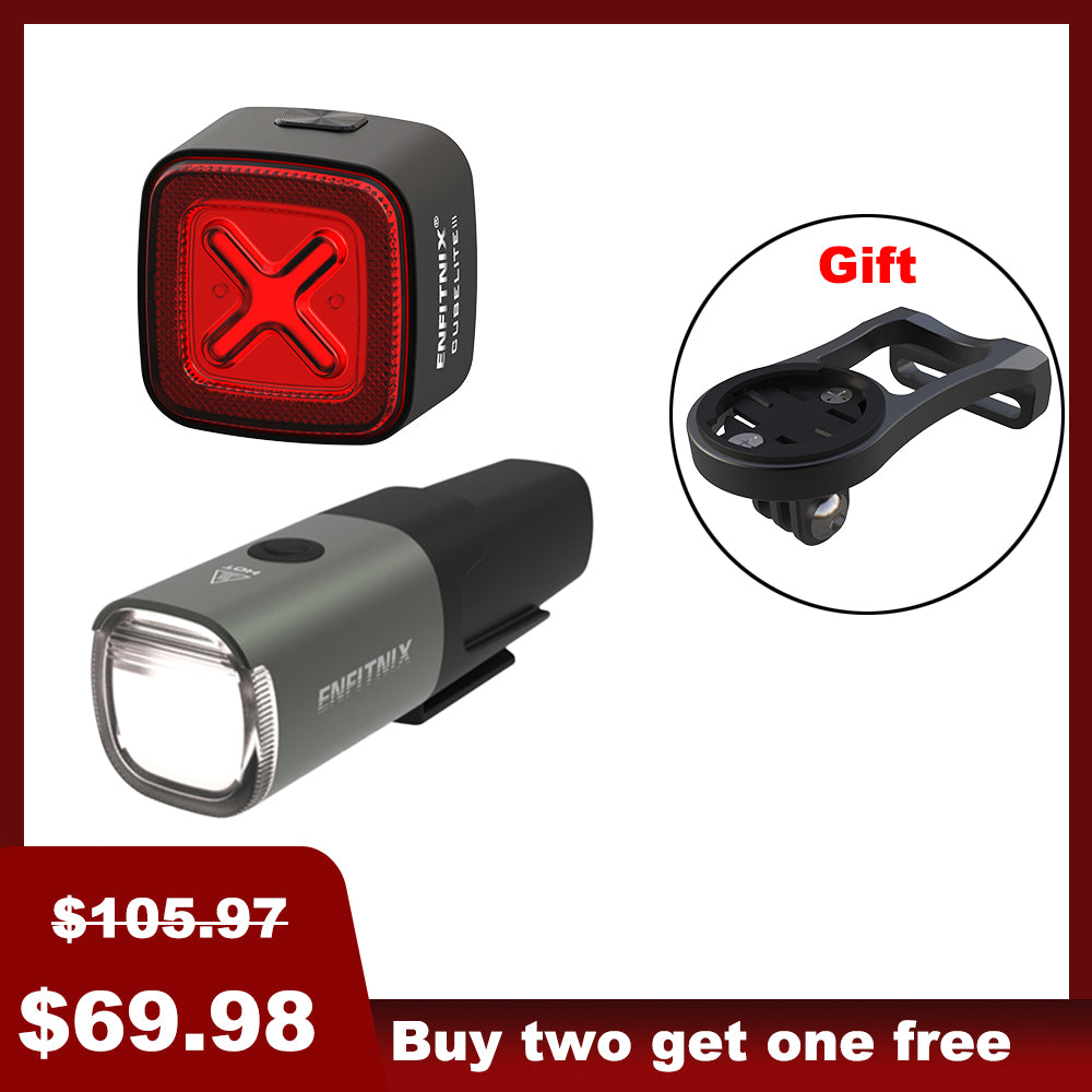 A set of Navi500 Smart Front Light and Tail Light for bicycles, displayed with a free bike computer mount as a gift, with price tags indicating a discount and a promotional offer.