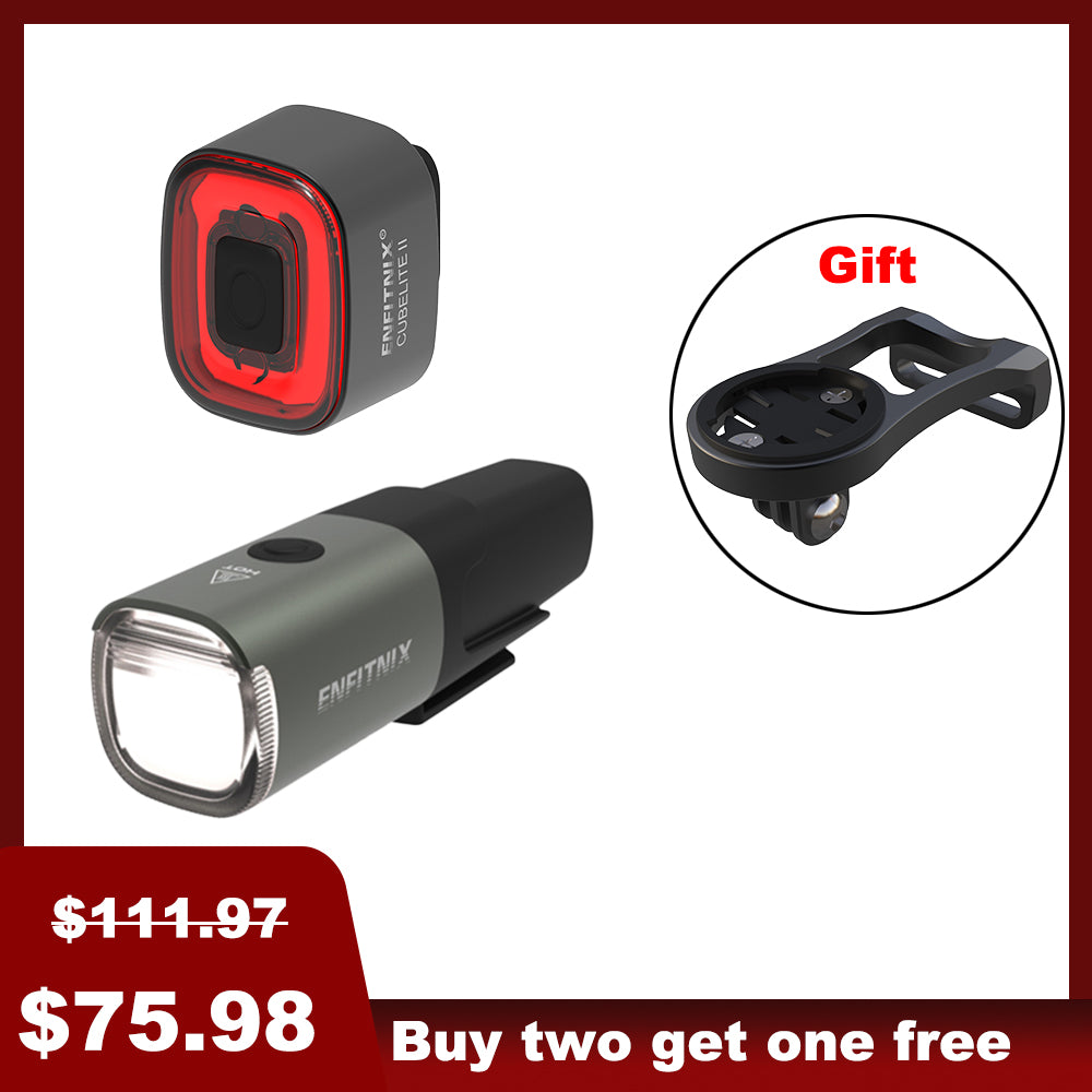 A set of Navi500 Smart Front Light and Tail Light for bicycles, displayed with a free bike computer mount as a gift, with price tags indicating a discount and a promotional offer.