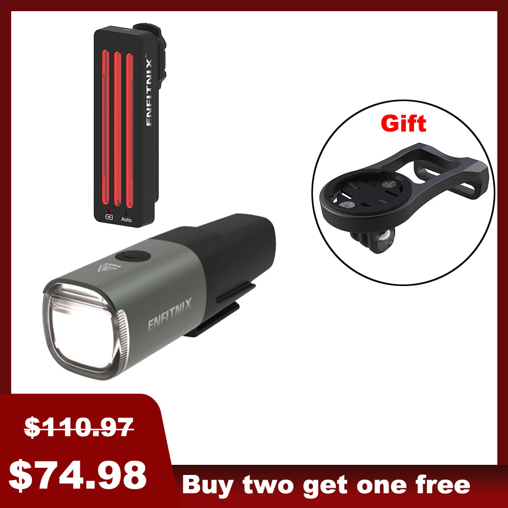 A set of Navi500 Smart Front Light and Tail Light for bicycles, displayed with a free bike computer mount as a gift, with price tags indicating a discount and a promotional offer.