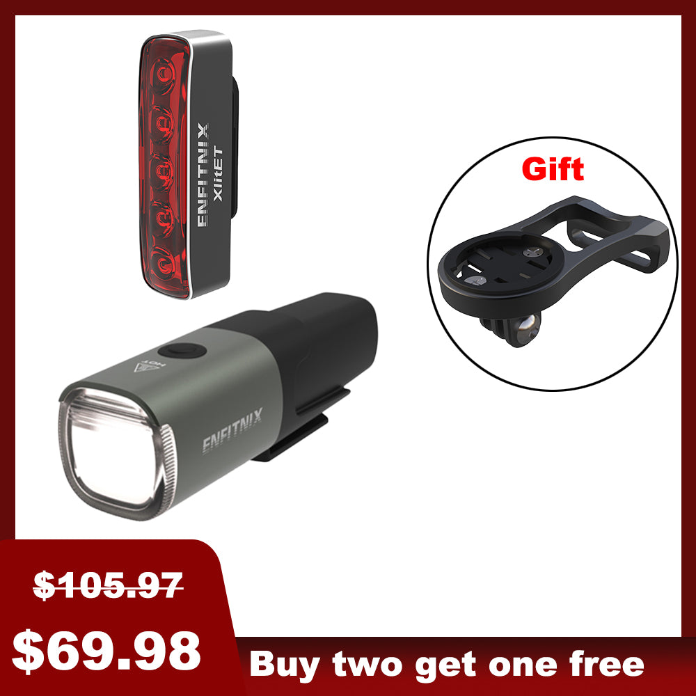 A set of Navi500 Smart Front Light and Tail Light for bicycles, displayed with a free bike computer mount as a gift, with price tags indicating a discount and a promotional offer.