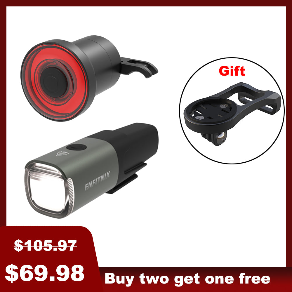 A set of Navi500 Smart Front Light and Tail Light for bicycles, displayed with a free bike computer mount as a gift, with price tags indicating a discount and a promotional offer.